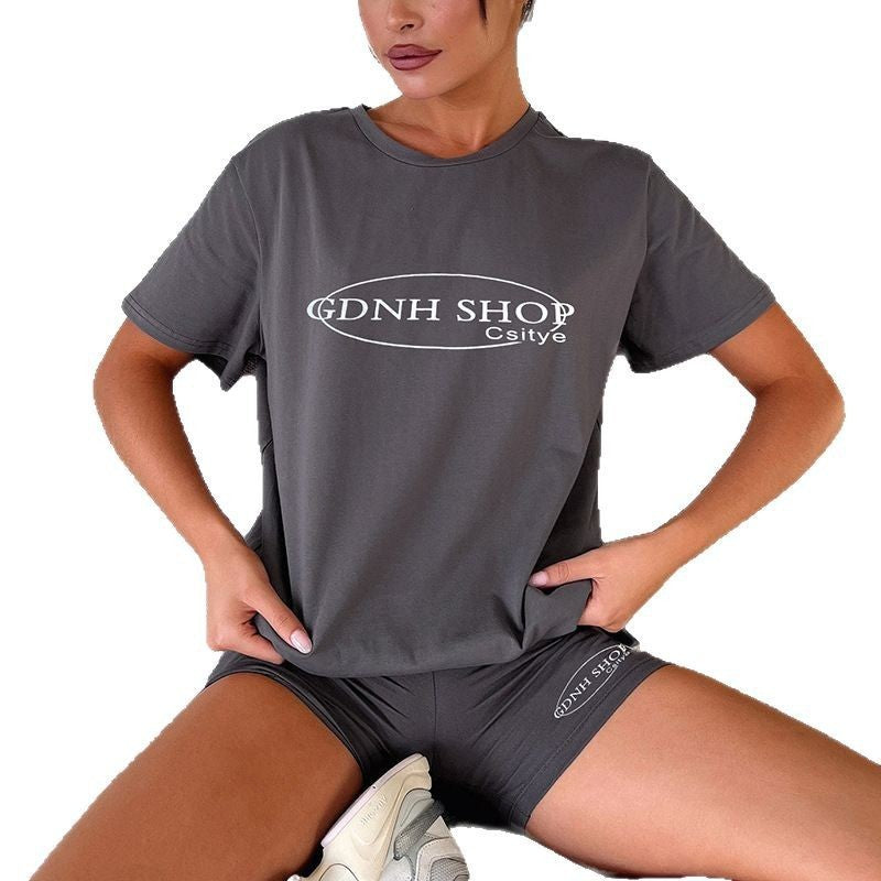 Round Neck Fashion Loose Top Hip Raise Skinny Shorts Sports Suit