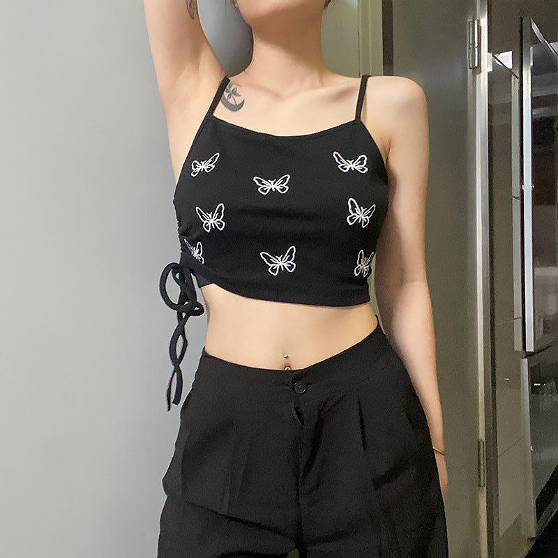 Style New Butterfly Print Umbilical Strap Drawstring Bottoming Top