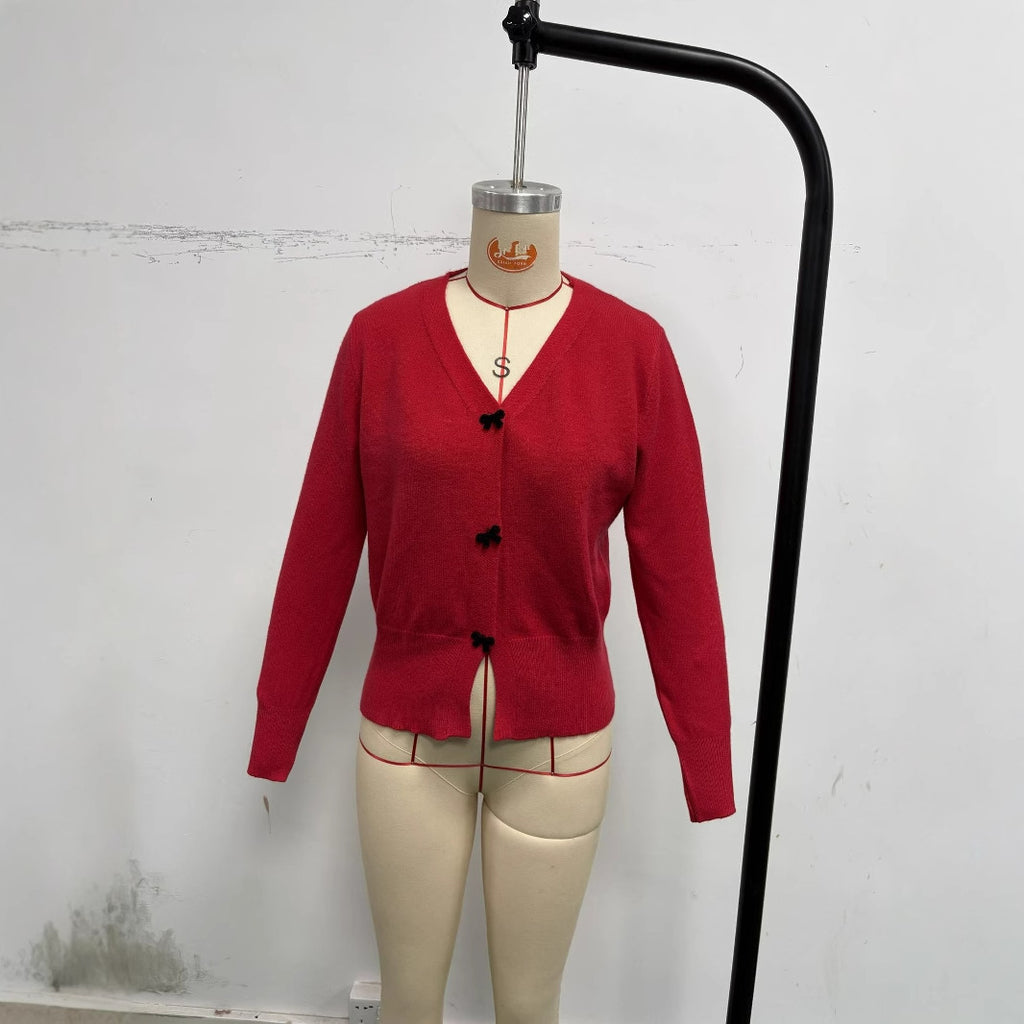 New Style Bow-Knot Button Knitted Fashionable Women's Cardigan Sweater