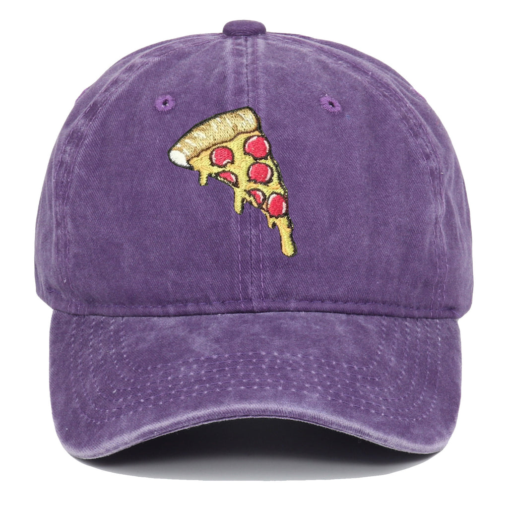 Pizza Embroidery Soft Top Baseball Cap Retro Worn Looking Washed-out