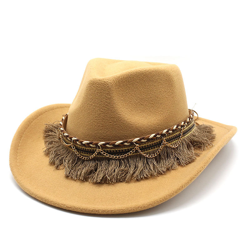 Ethnic Style Tassel Felt Cap Jazz Flat Brim Hat
