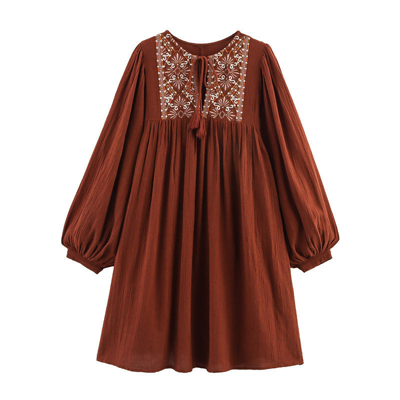 Summer Women's Clothing Embroidered Crew Neck Long Sleeve Artistic Short Dress