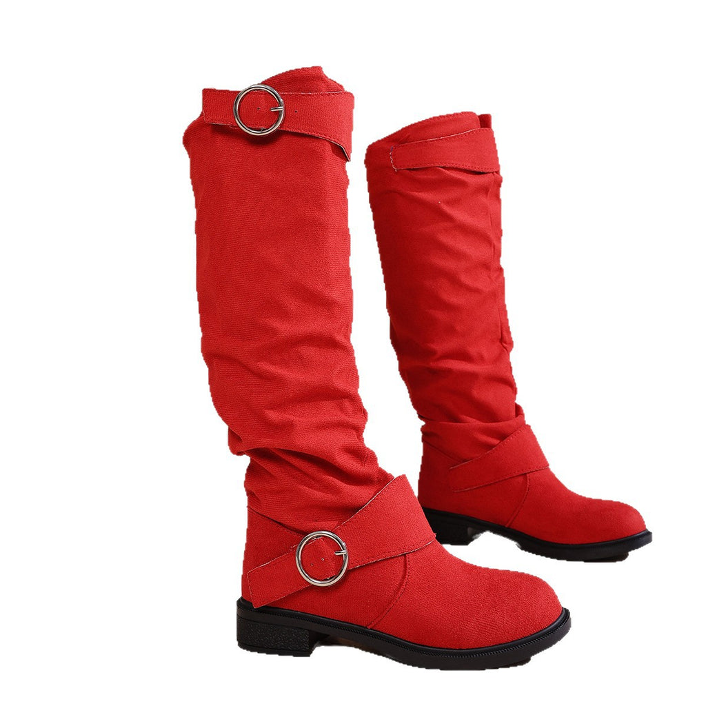 Pleated Flat-bottom Western Cowboy Boots For Women With Belt Buckle
