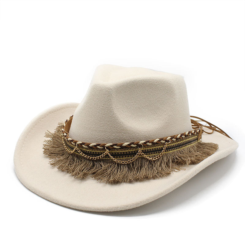 Ethnic Style Tassel Felt Cap Jazz Flat Brim Hat