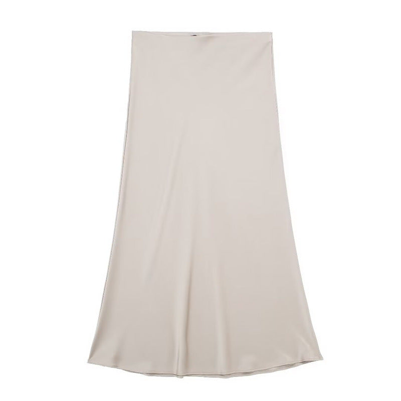 Solid Color Slim Silk Satin Texture Midi Skirt