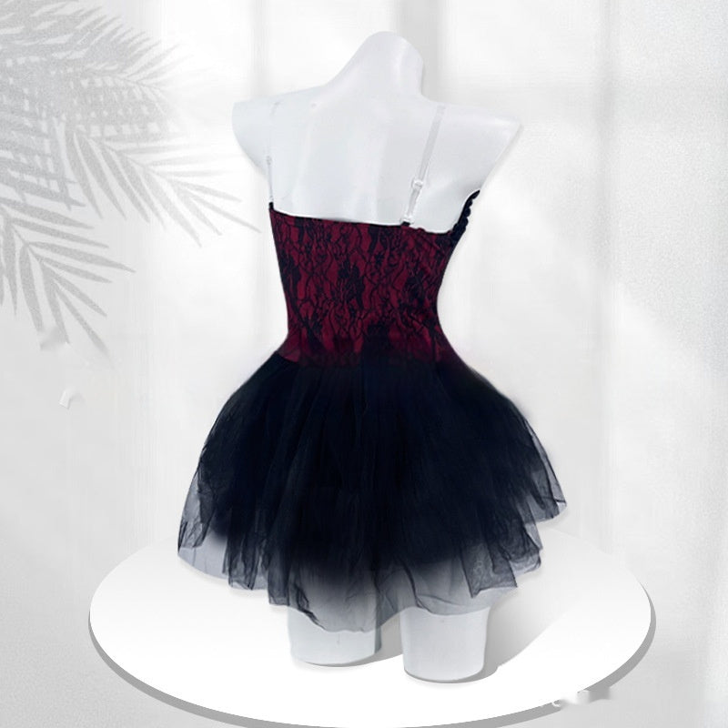 Lace Patchwork Ruffled Tube Top High Waist Bubble Skirt
