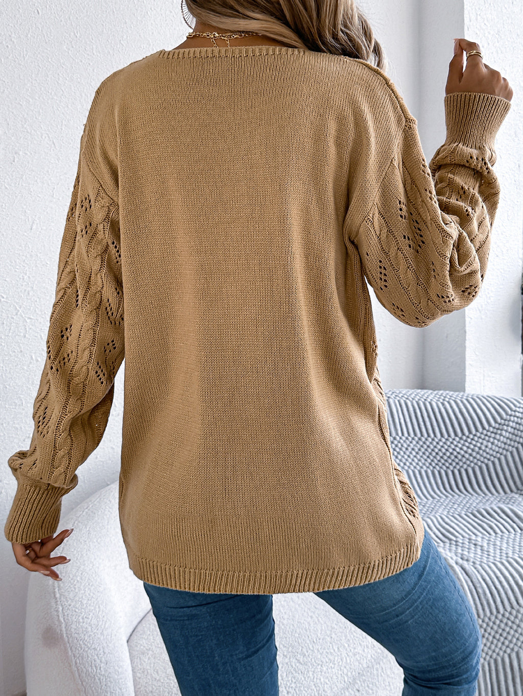 Women Casual Solid Color Hollow Out Long Sleeve Cardigan Sweater Coat