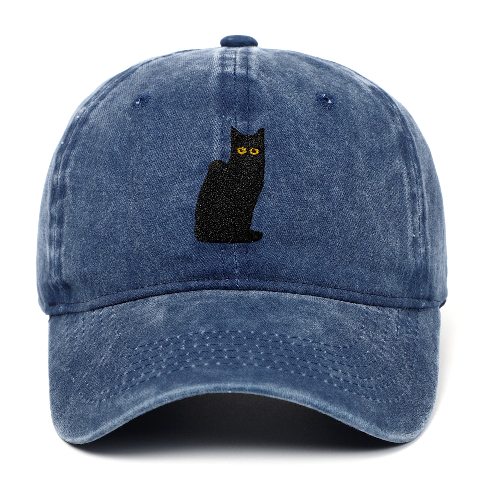 Sitting Black Cat Embroidered Baseball Cap Worn Looking Washed-out