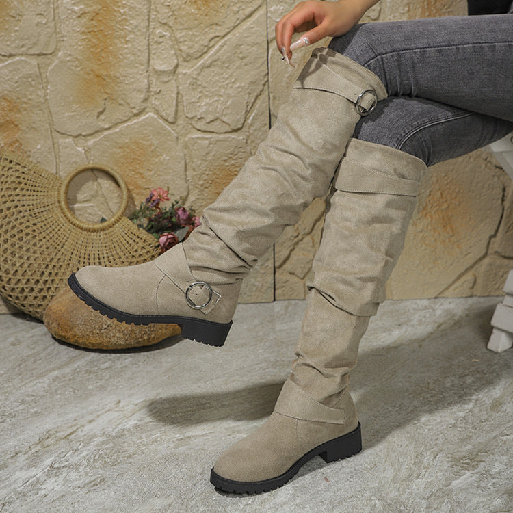 Winter Pleated Buckle High-top Large Size Riding Boots