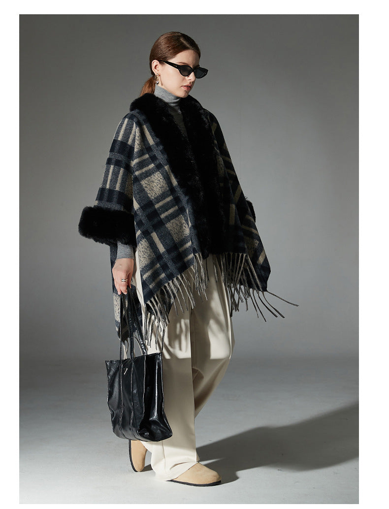 Plaid Navy Blue Fur Collar Shawl Warm