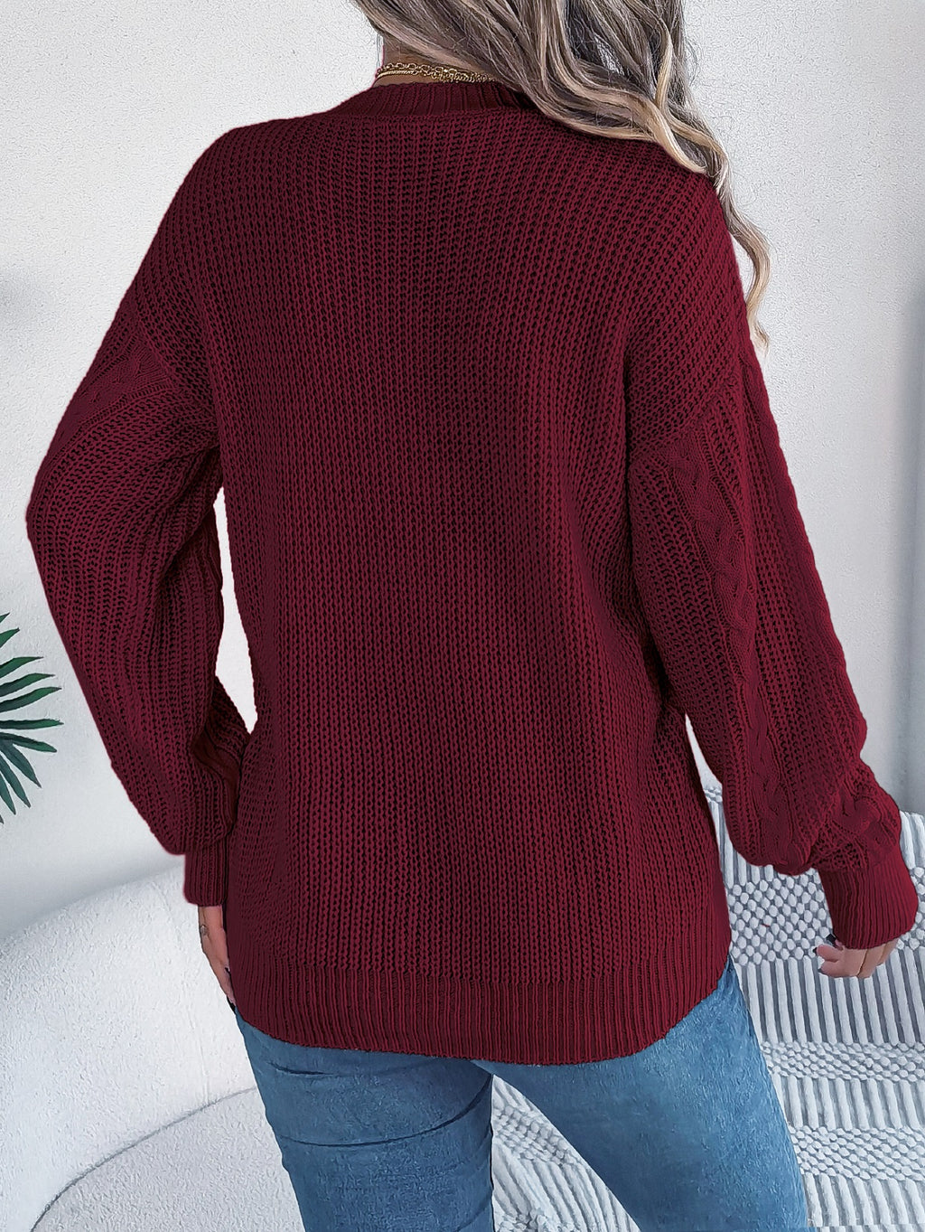 Women Casual V-Neck Lantern Sleeve Cable Knit Button Cardigan Sweater