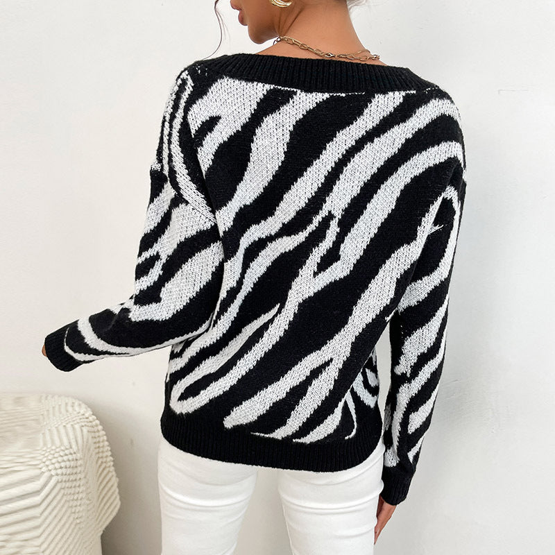 Women's Zebra Stripe Pullover Warm Thick Knit Sweater
