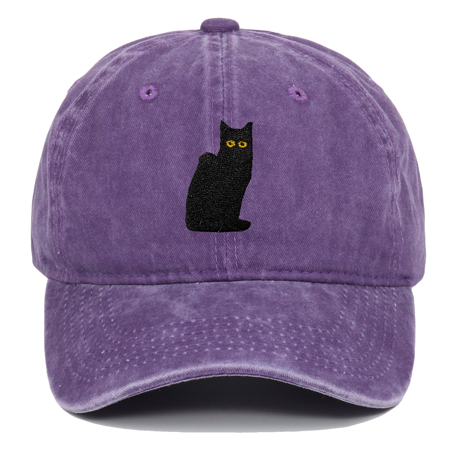 Sitting Black Cat Embroidered Baseball Cap Worn Looking Washed-out