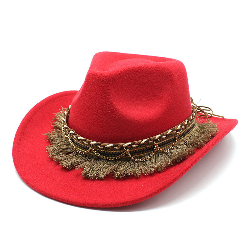 Ethnic Style Tassel Felt Cap Jazz Flat Brim Hat
