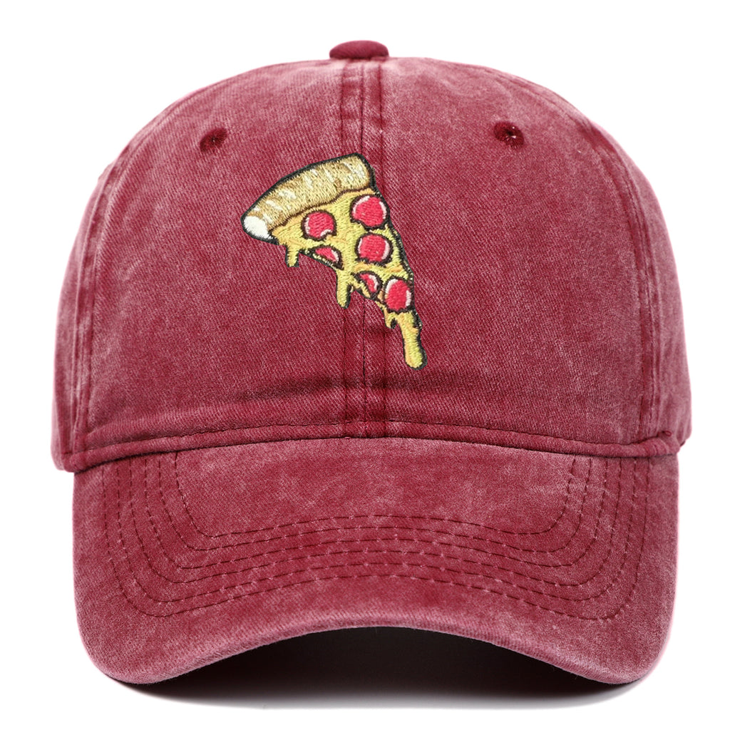 Pizza Embroidery Soft Top Baseball Cap Retro Worn Looking Washed-out
