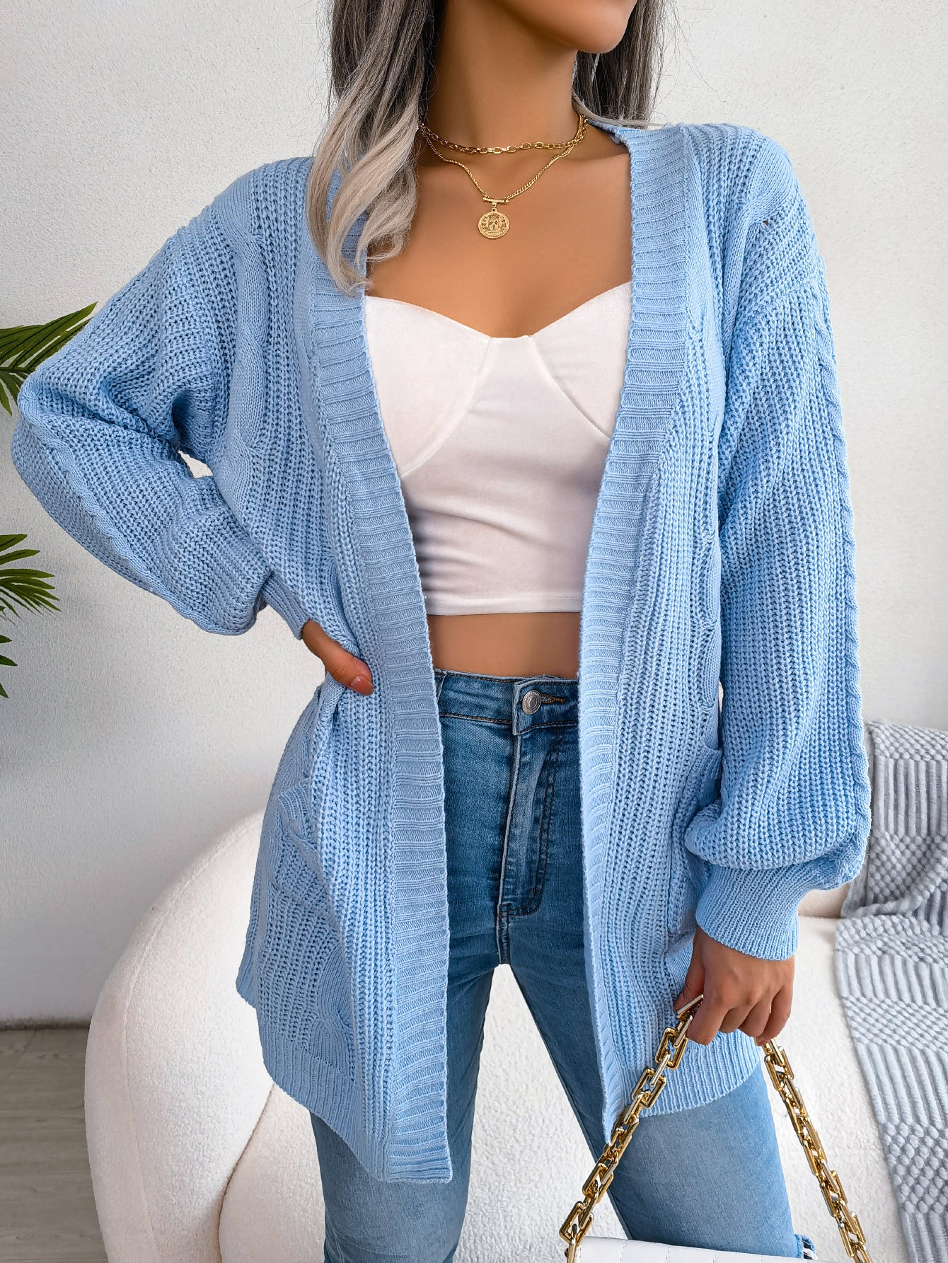 Women Cable Knit Lantern Sleeve Pocket Cardigan Sweater Coat