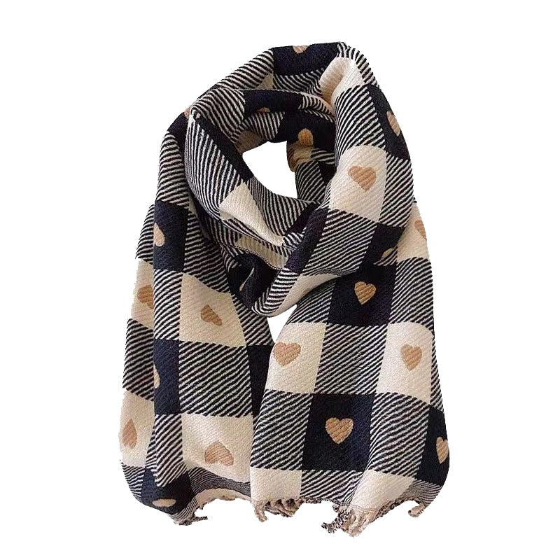 Artificial Cashmere Scarf Female With Hearts Thick Checks Fringe Bib