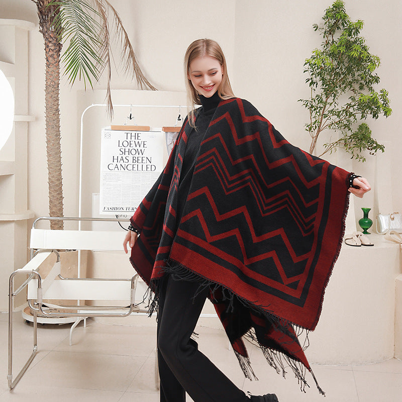 Fashionable With Side-slit Shawl Cape Herringbone Wave Scarf Shawl Suitable For Chinese