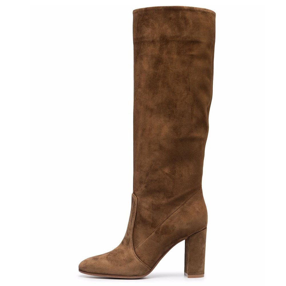 Suede Pleated High Heel Thick Heel Pointed Sleeve Boots