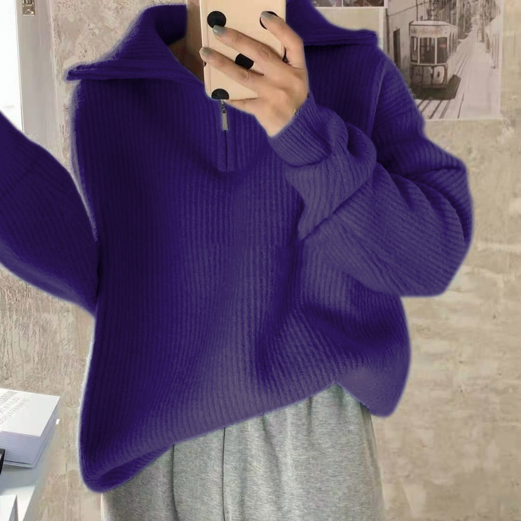 Women's Solid Color Loose Zipper Lapel Stand Up Sweater