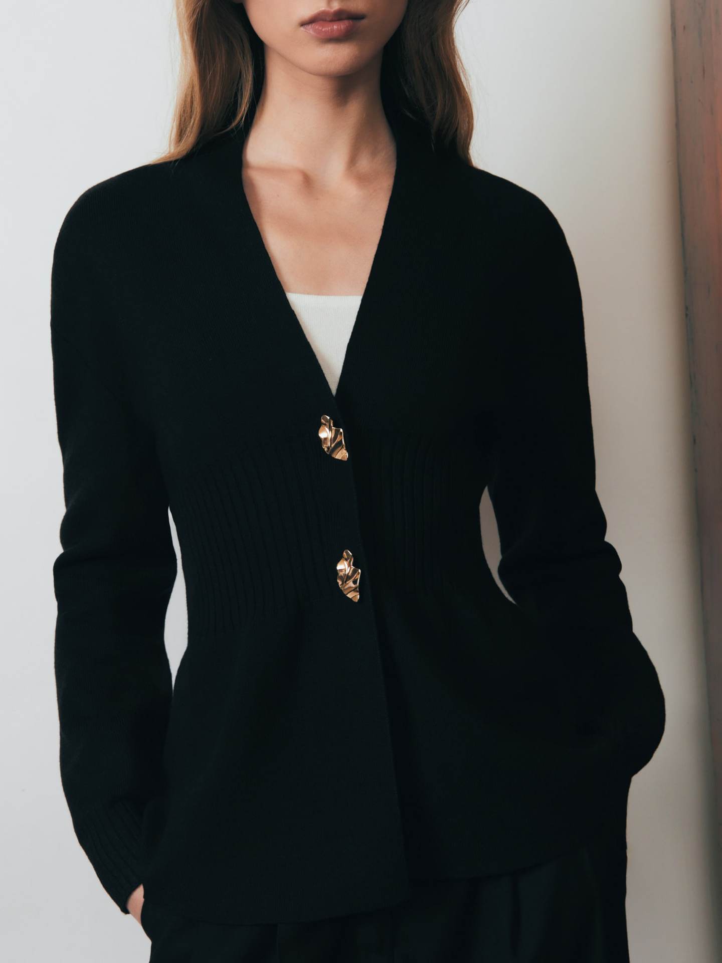 Metal Button Cardigan V-neck Long Sleeve Slit Sweater Women