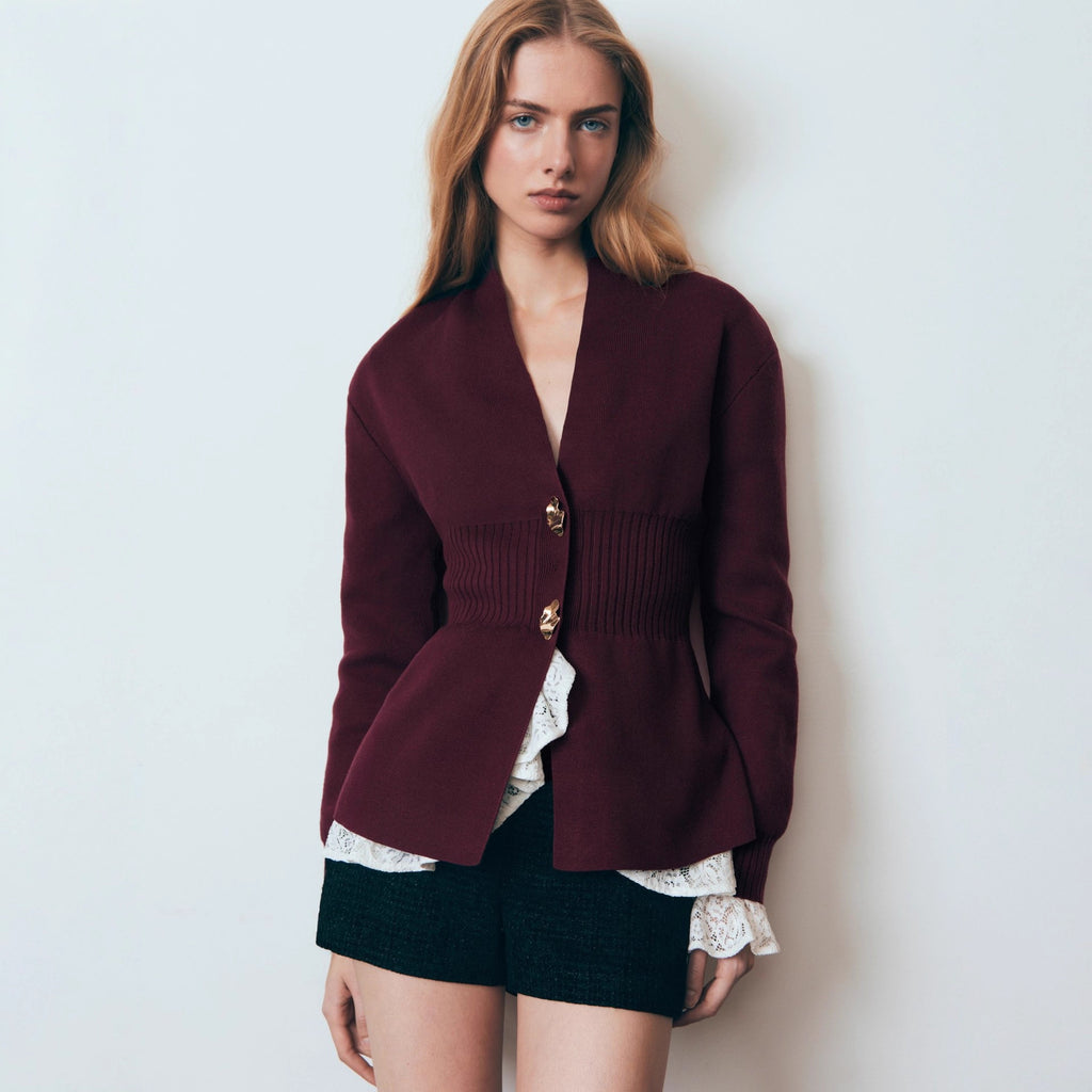 Metal Button Cardigan V-neck Long Sleeve Slit Sweater Women
