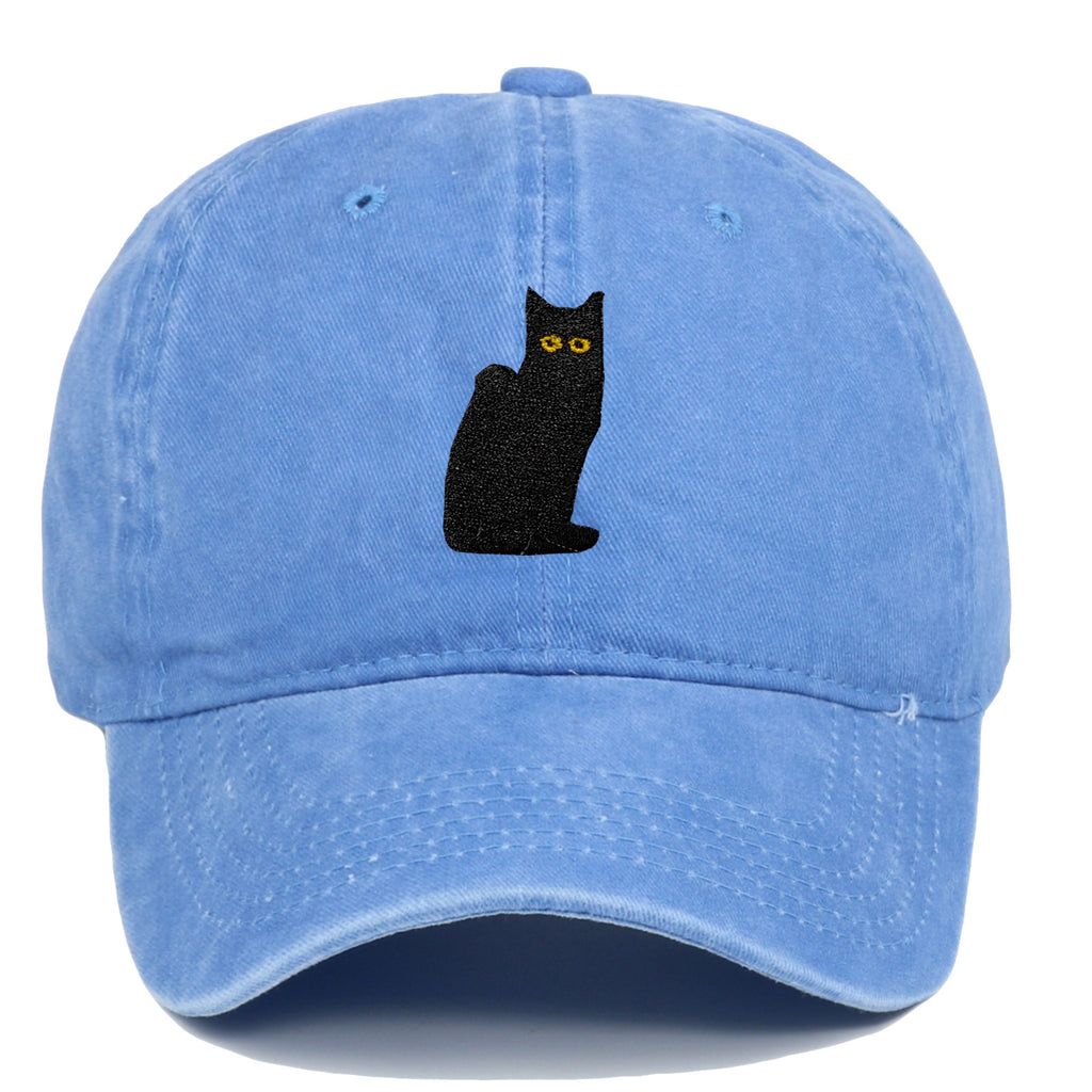Sitting Black Cat Embroidered Baseball Cap Worn Looking Washed-out