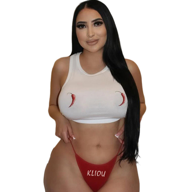 Sexy Slim Fit Round Neck Midriff-baring Vest Printed Low Waist Briefs Suit