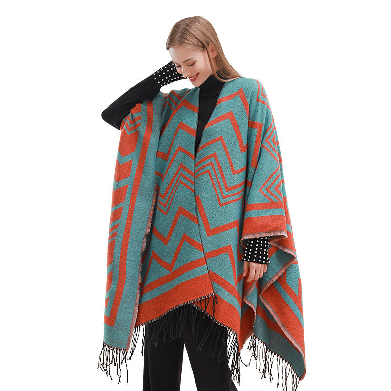 Fashionable With Side-slit Shawl Cape Herringbone Wave Scarf Shawl Suitable For Chinese