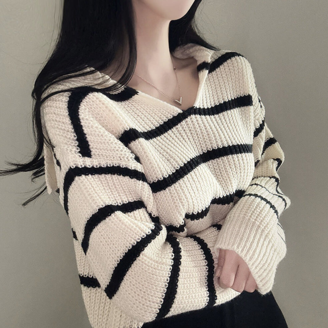 Autumn And Winter Navy Collar Striped Sweater For Women