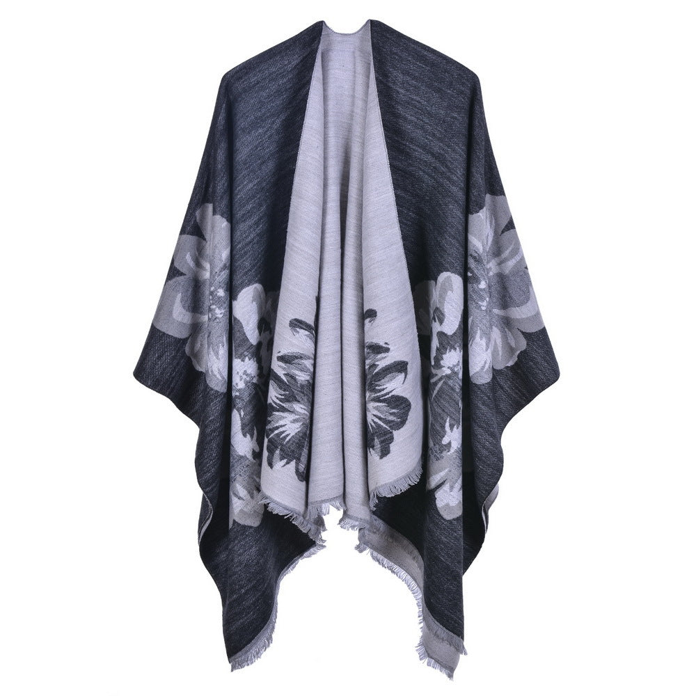 European And American Fashion Jacquard Split Thickened Warm Split Shawl