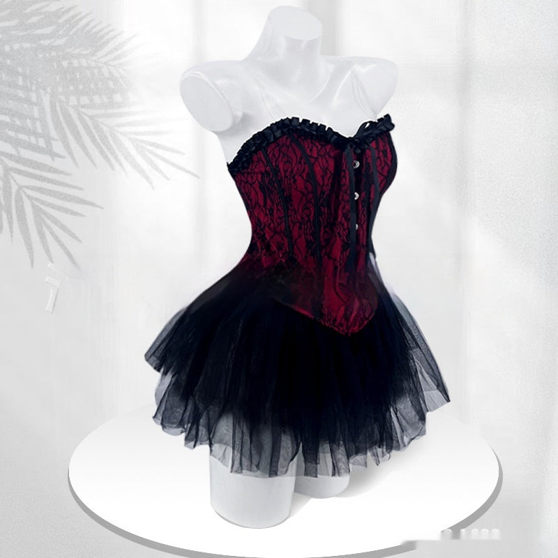 Lace Patchwork Ruffled Tube Top High Waist Bubble Skirt