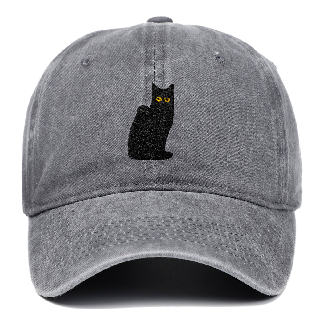 Sitting Black Cat Embroidered Baseball Cap Worn Looking Washed-out