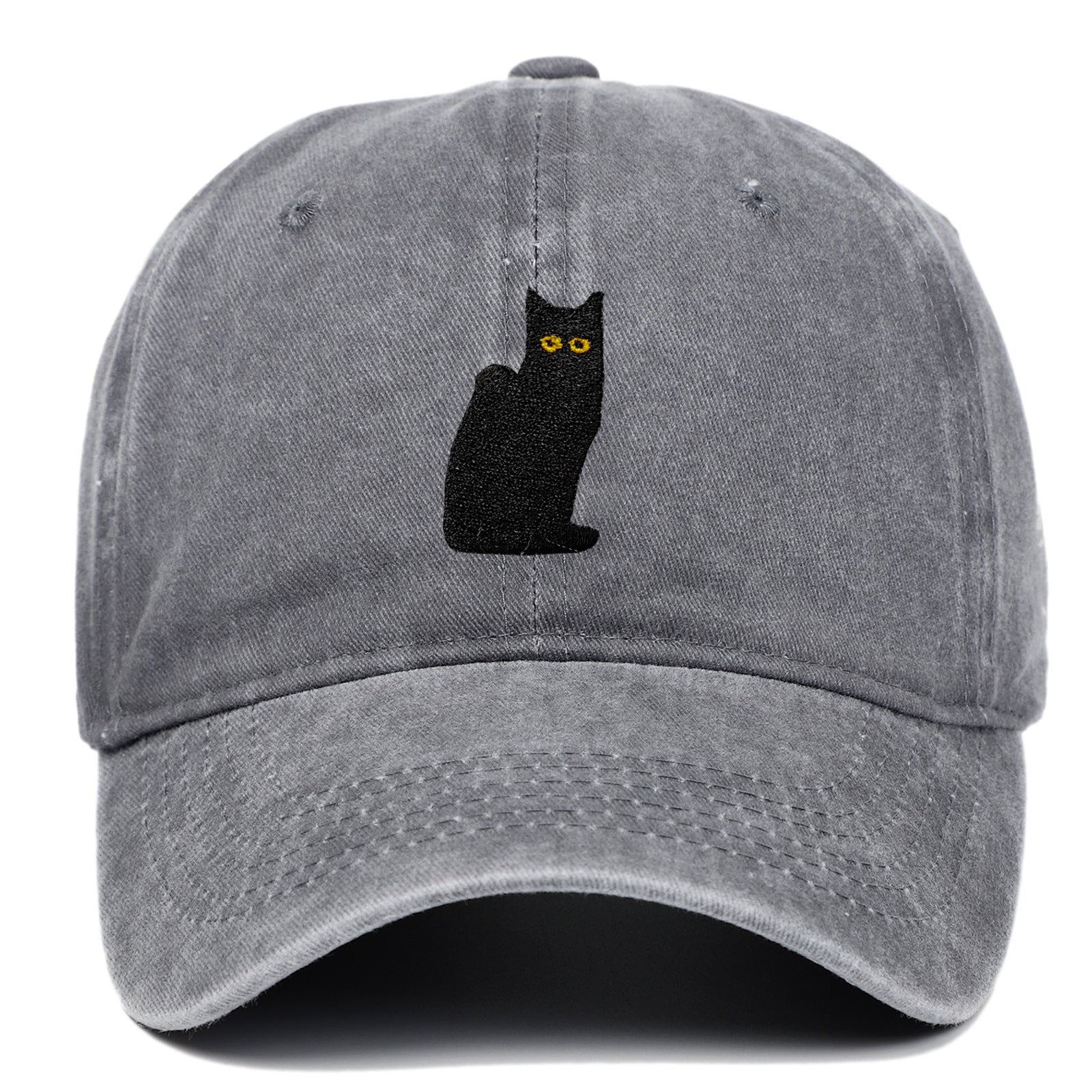 Sitting Black Cat Embroidered Baseball Cap Worn Looking Washed-out
