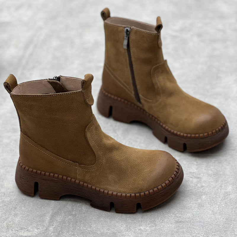 Round Toe All-matching Muffin Bottom Women's Authentic Leather Boots