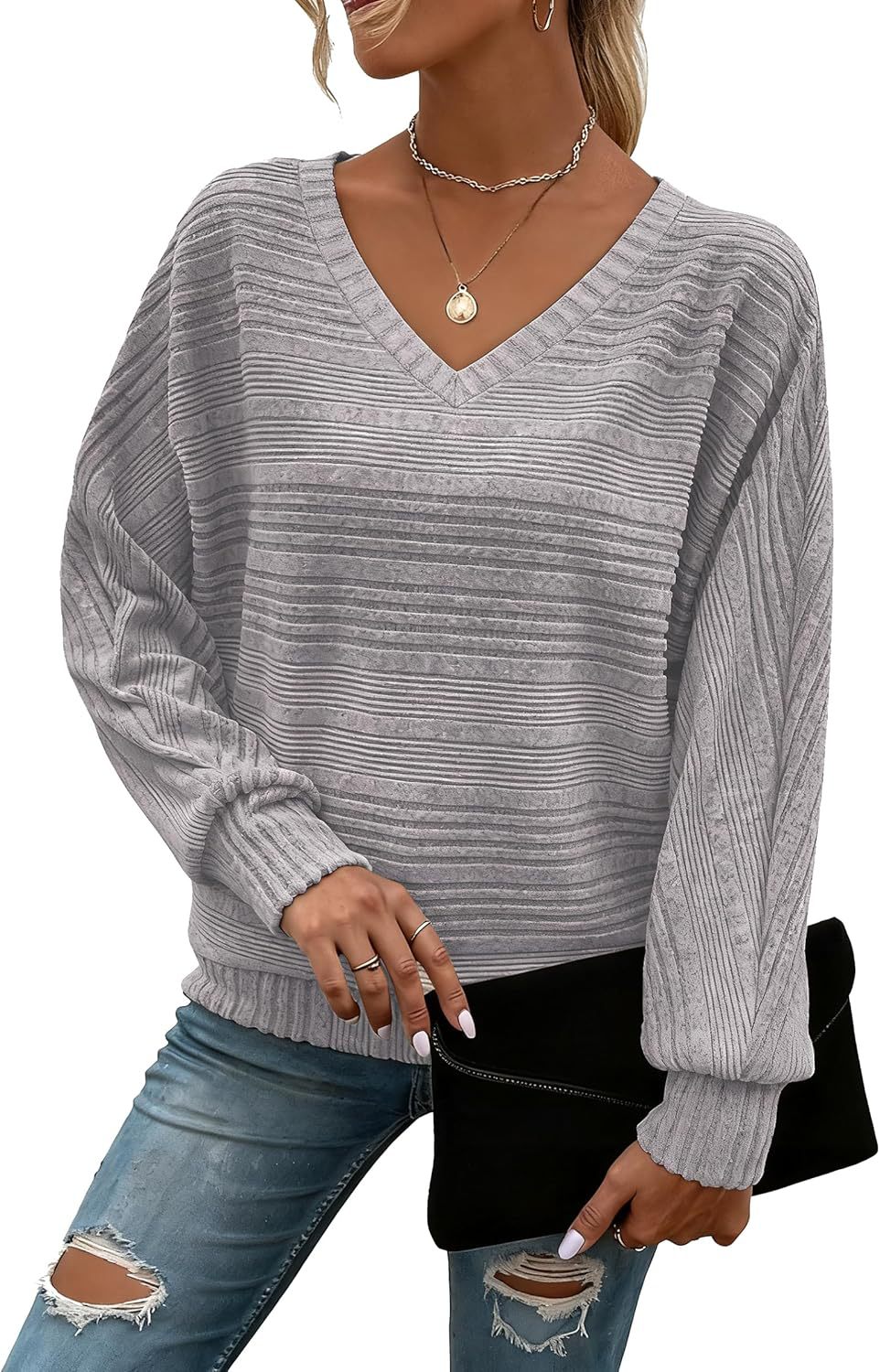Women's Long-Sleeve Casual V-Neck Pullover Sweater