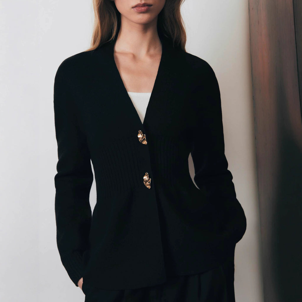 Metal Button Cardigan V-neck Long Sleeve Slit Sweater Women