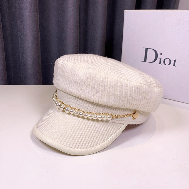 Autumn And Winter Pearl Chain Flat Top Navy Hat Women