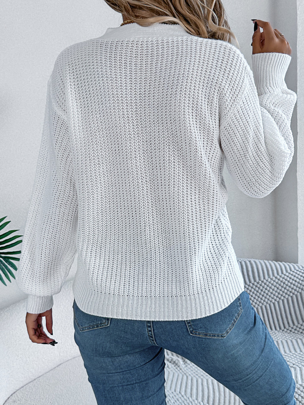 Women Casual Hollow Out V-Neck Cable Knit Lantern Sleeve Pullover Sweater