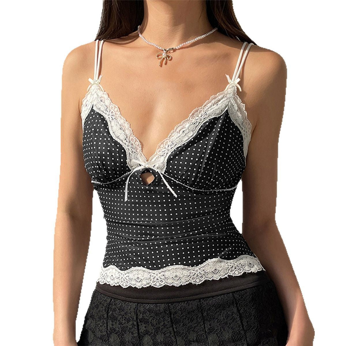 V-neck Backless Camisole Lace Stitching Polka Dot Vest