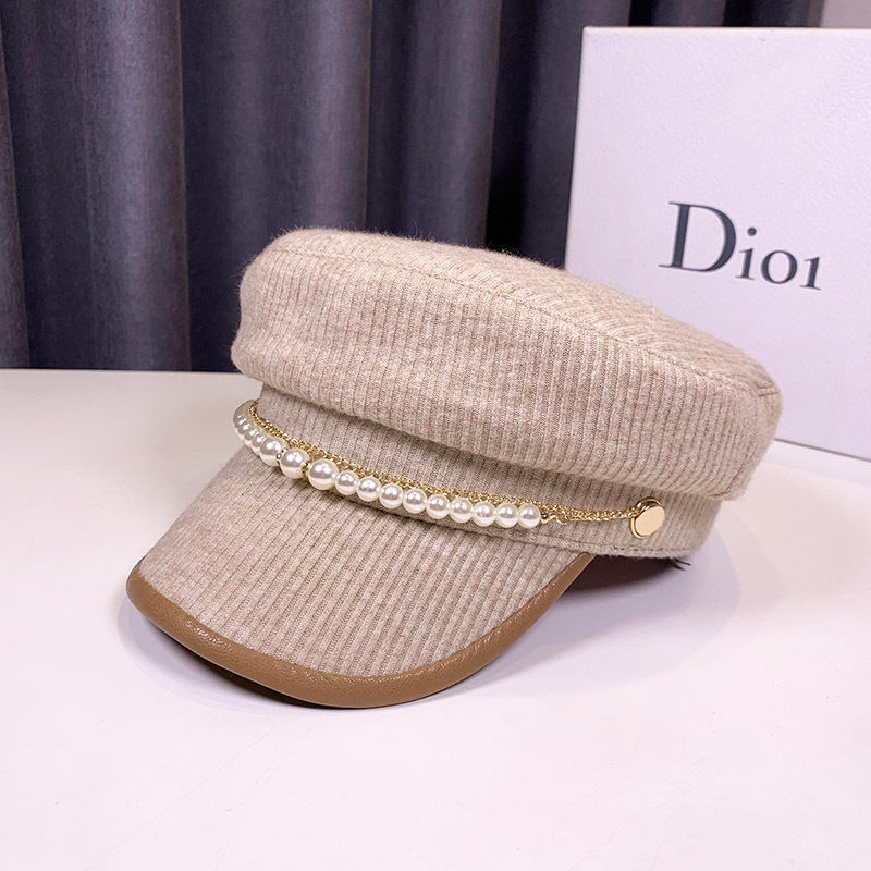Autumn And Winter Pearl Chain Flat Top Navy Hat Women