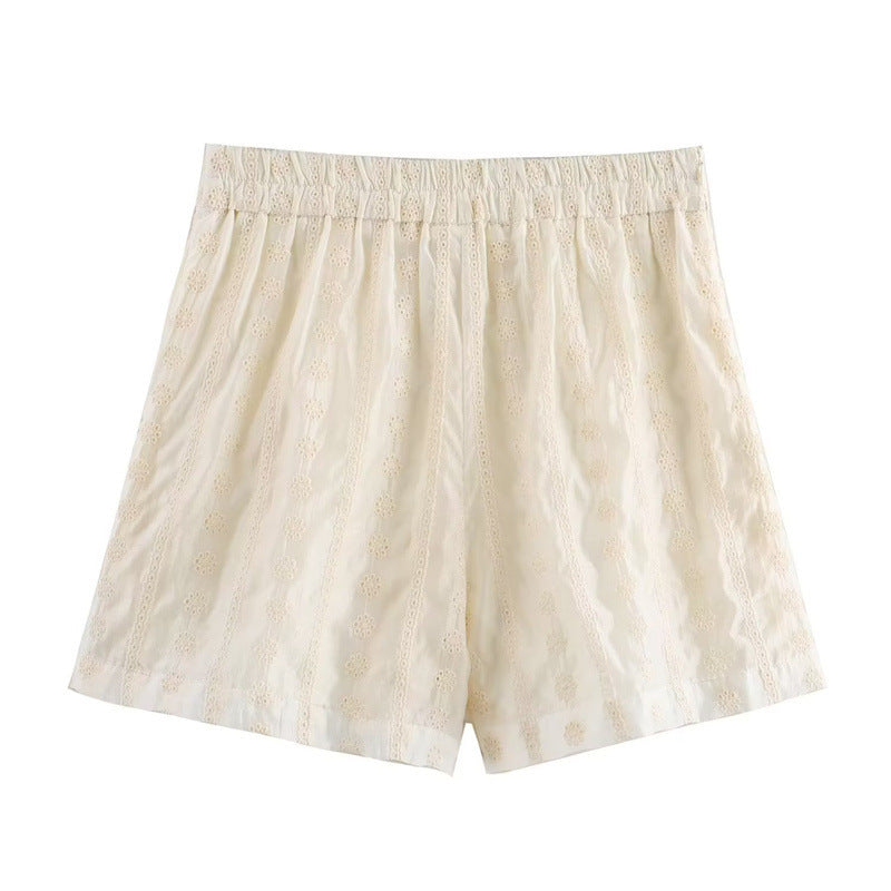 Women's New Loose Embroidered Half Elastic Shorts Short Sleeve Top Suit
