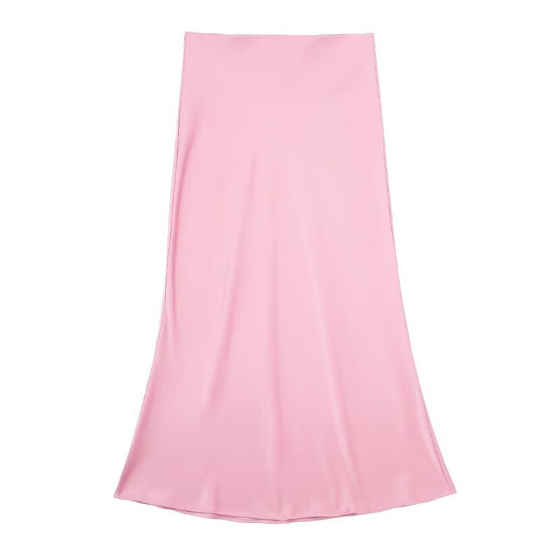 Solid Color Slim Silk Satin Texture Midi Skirt