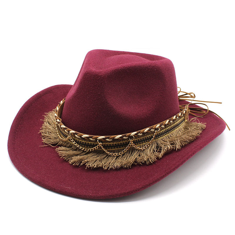 Ethnic Style Tassel Felt Cap Jazz Flat Brim Hat