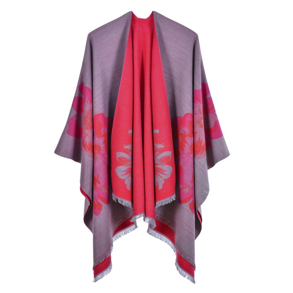 European And American Fashion Jacquard Split Thickened Warm Split Shawl