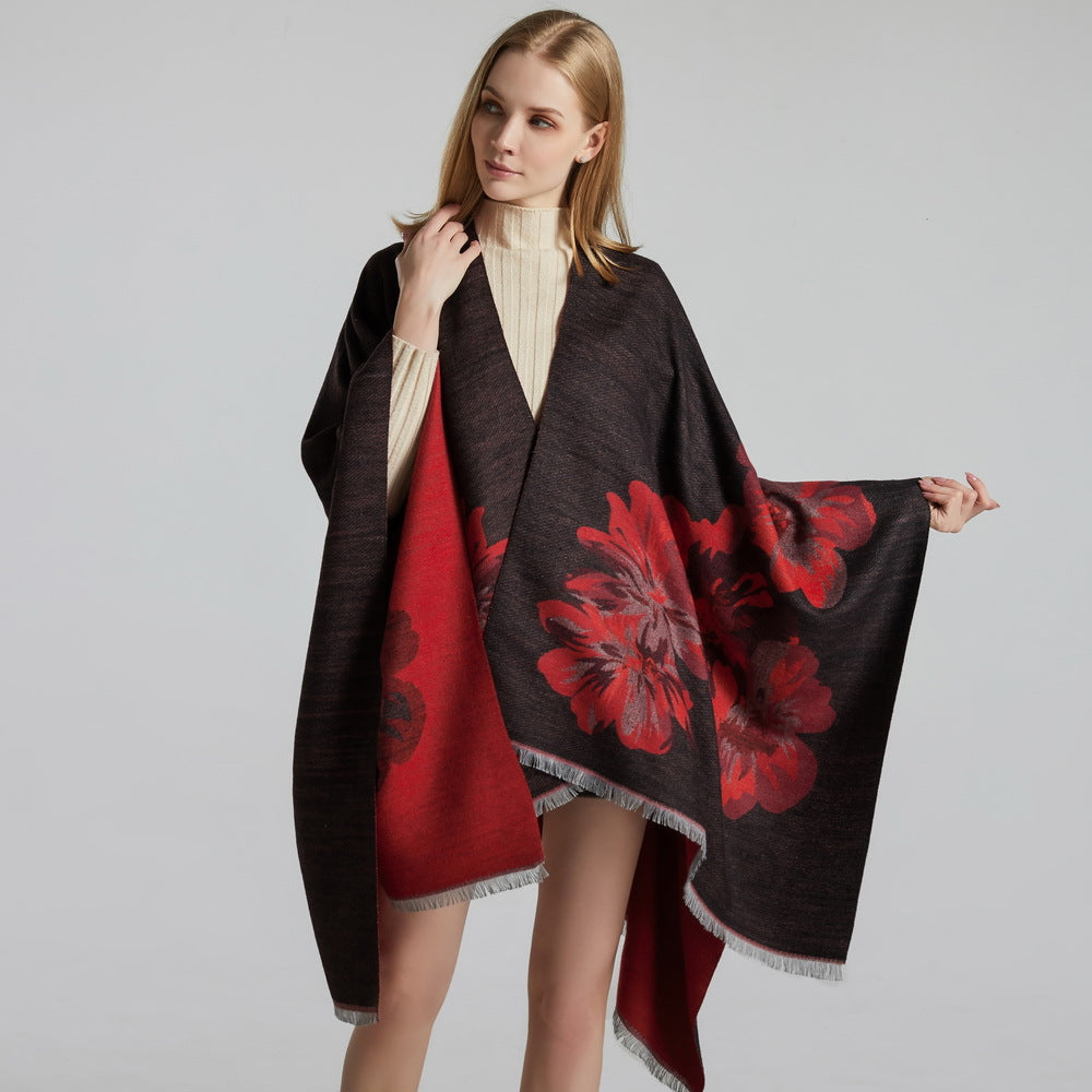 European And American Fashion Jacquard Split Thickened Warm Split Shawl