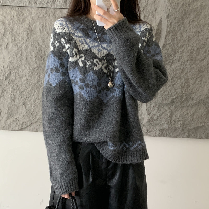 Loose Round Neck Contrast Jacquard Long Sleeve Knitted Top