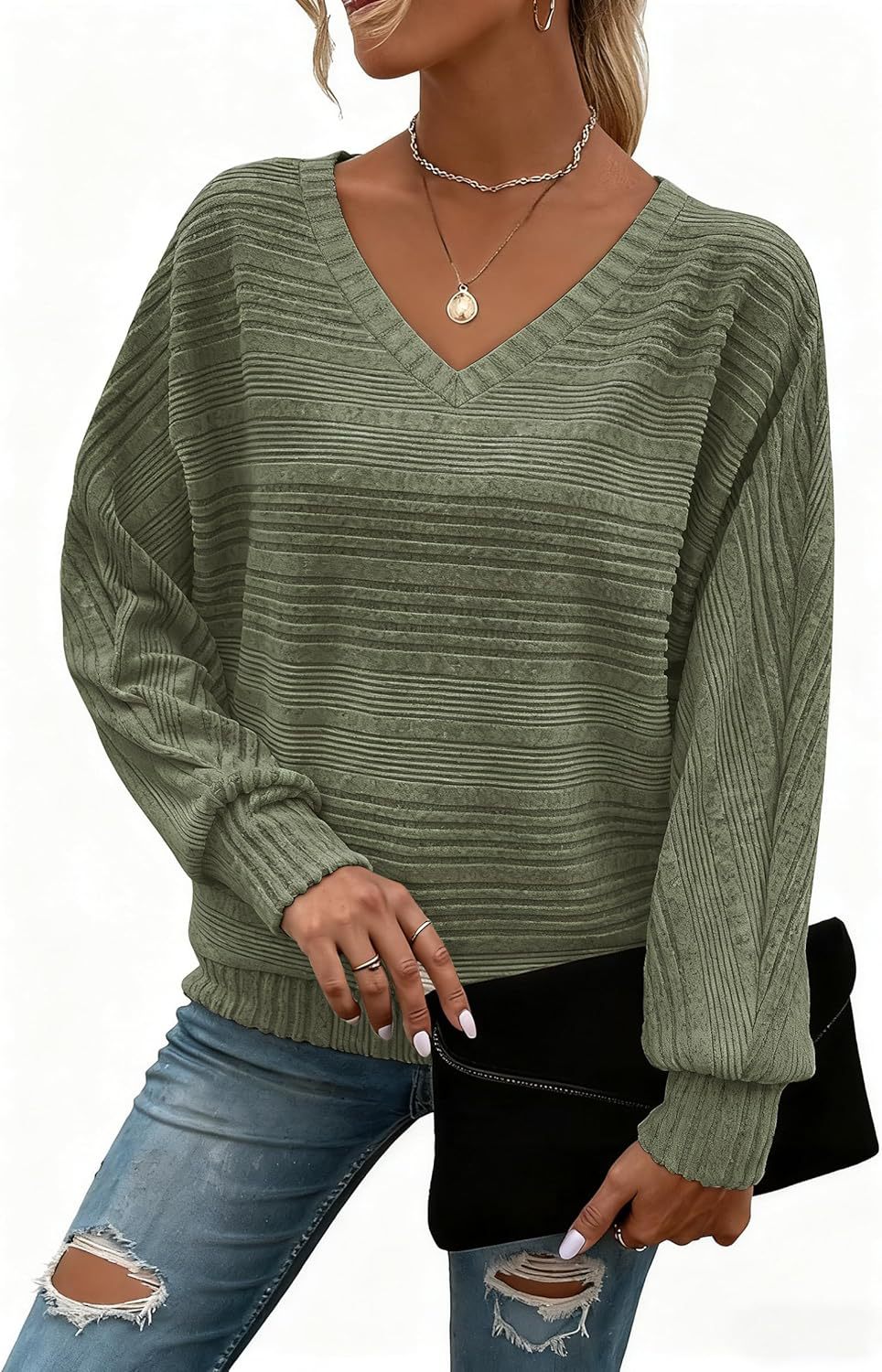 Women's Long-Sleeve Casual V-Neck Pullover Sweater