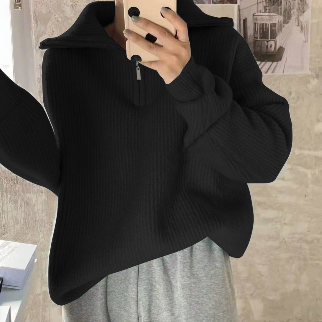 Women's Solid Color Loose Zipper Lapel Stand Up Sweater