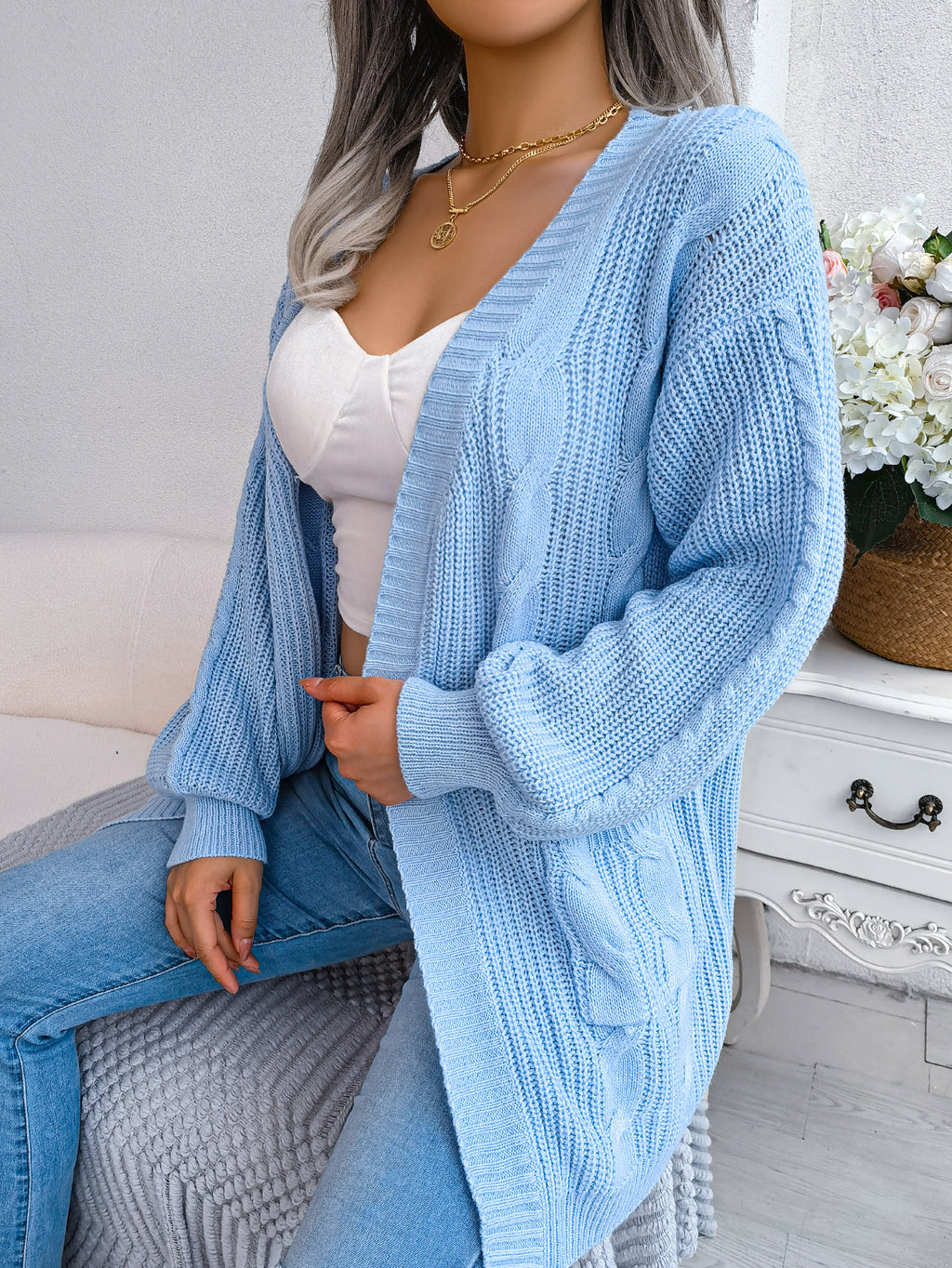 Women Cable Knit Lantern Sleeve Pocket Cardigan Sweater Coat
